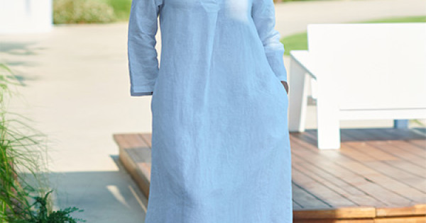 knee length dresses for ladies Persephone Shirring Linen Maxi Dress Pink Stripe Curve