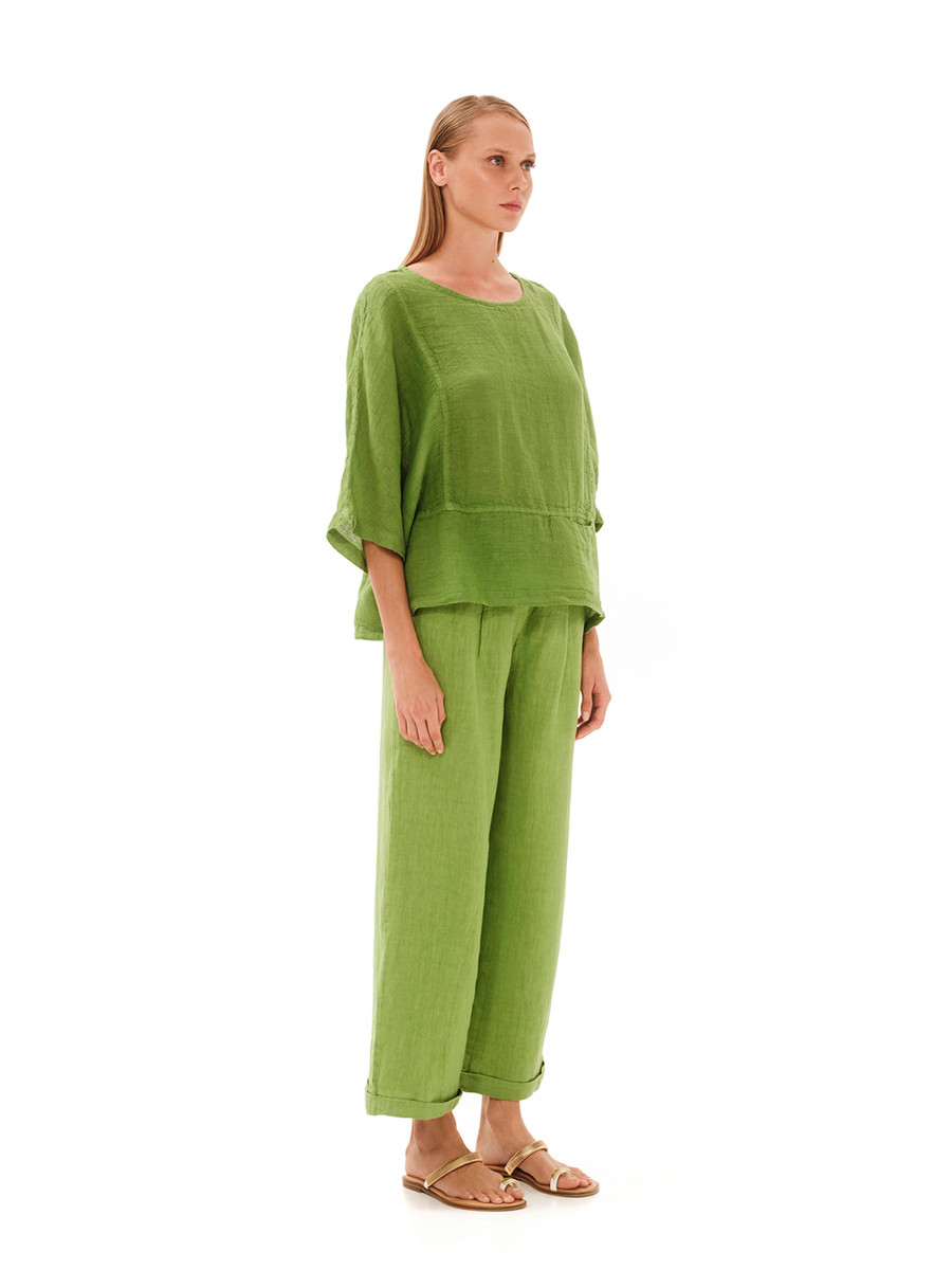 Round Neck Linen Gauze Blouse with Batwing Sleeve