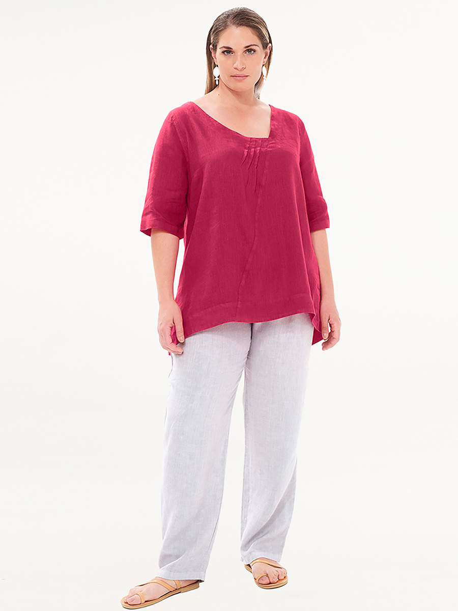 Asymmetric Neck Linen Blouse With Pleats