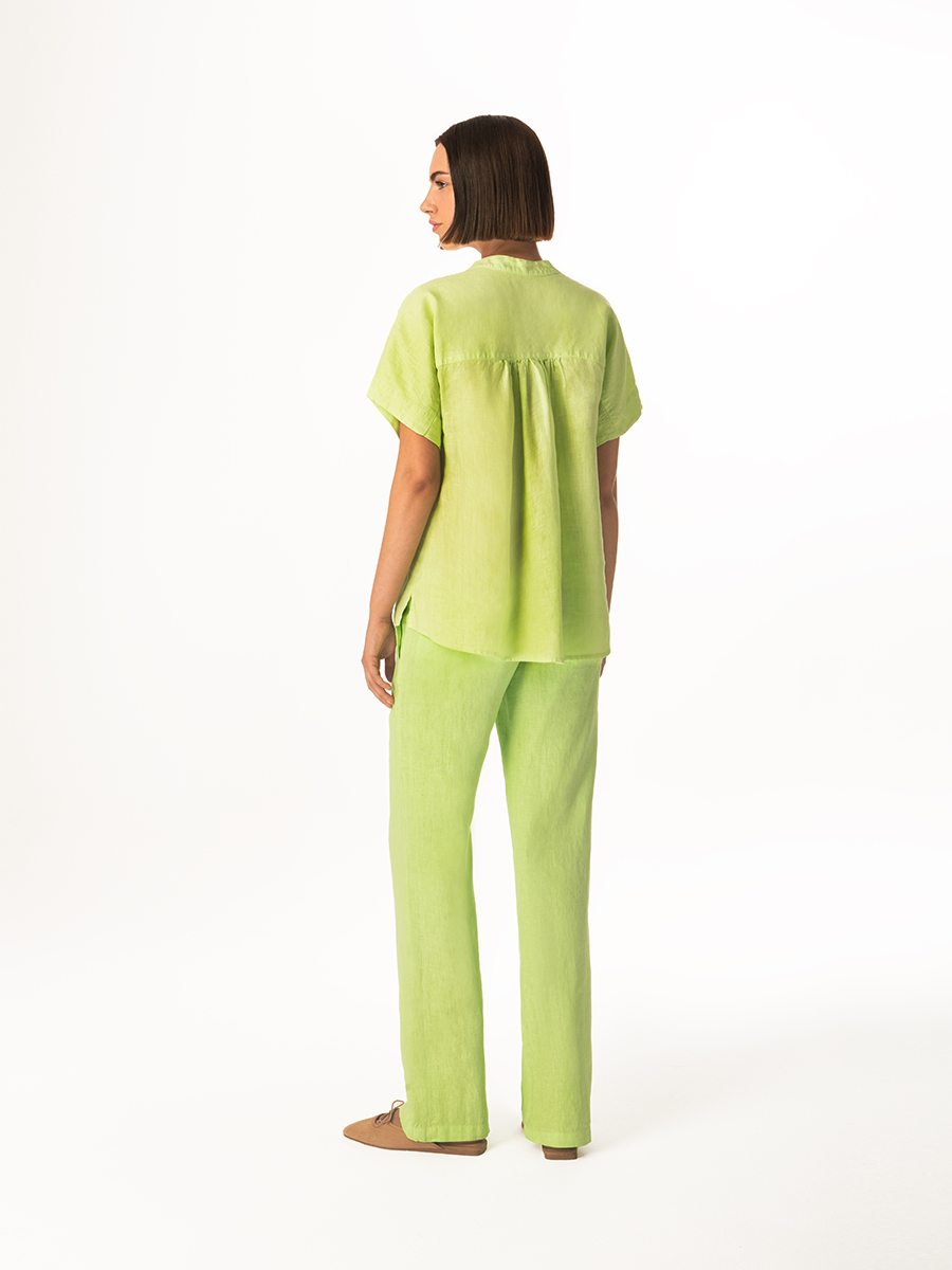 Short Sleeved Linen Shirt with Front Pleat and V neck