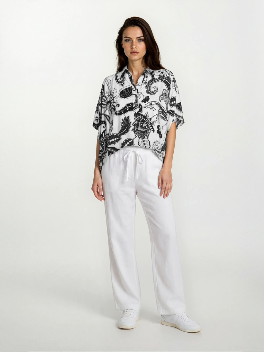 Printed Viscose Batwing Blouse with Collar