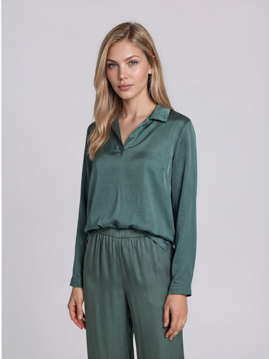 Satin long-sleeve blouse with an open collar