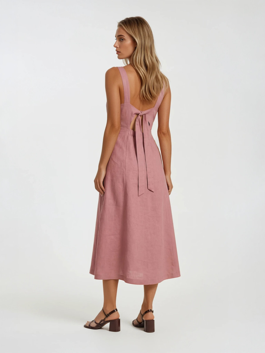 Square Neck Linen Tie Back Dress with Front Slit