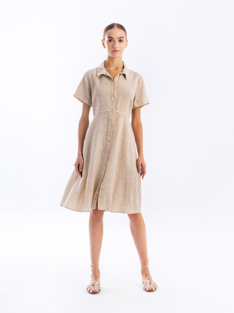 Midi Linen Short Sleeve Button Front Shirt-Dress