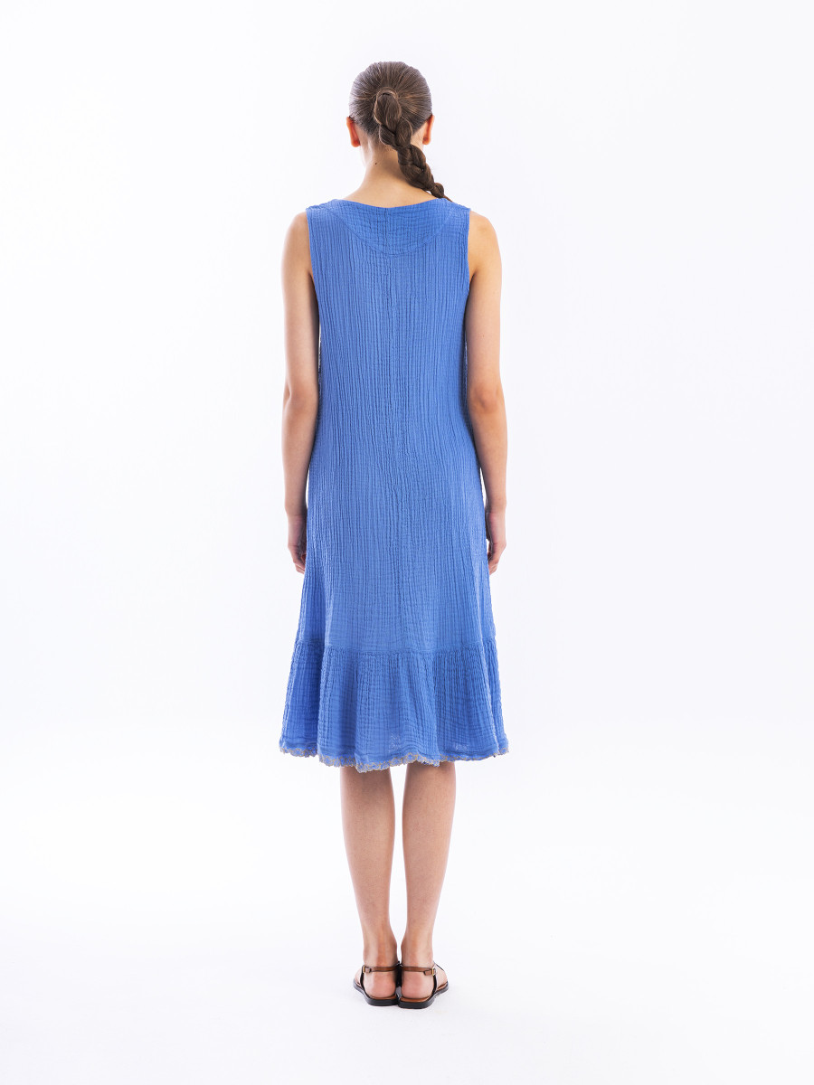 Sleeveless Maxi Textured Cotton Dress with Lace Trim Hem