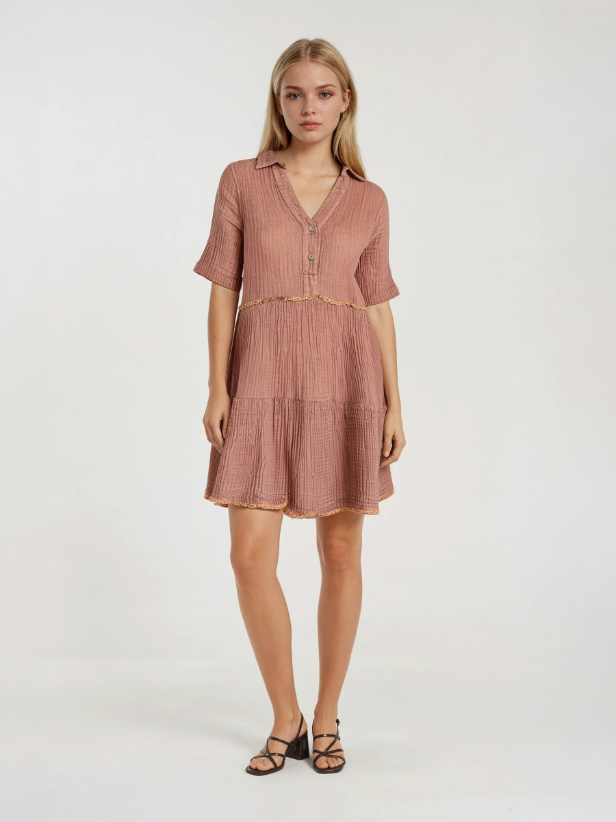 Mini Textured Cotton Short Sleeved Dress with Front Buttons and Lace Trims