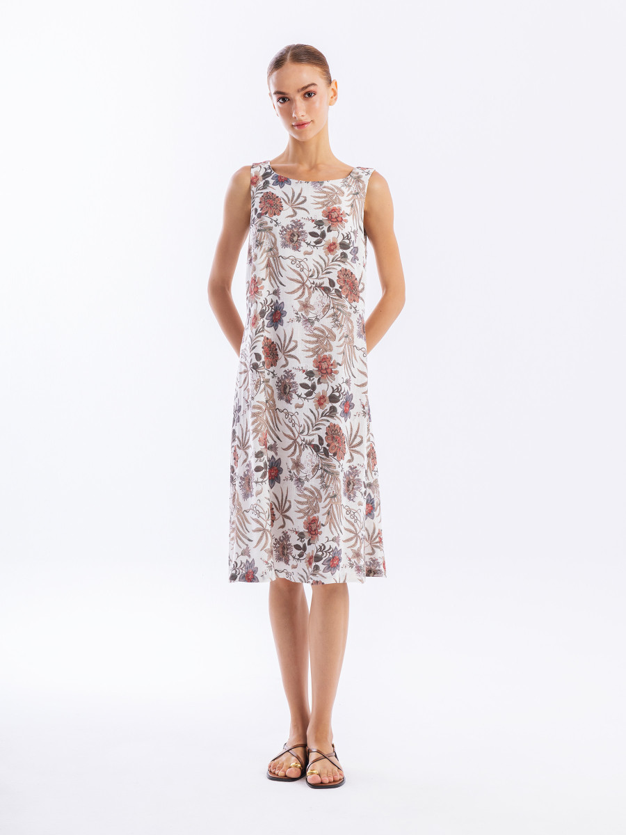 Sleeveless Printed Linen Blend Backless Dress