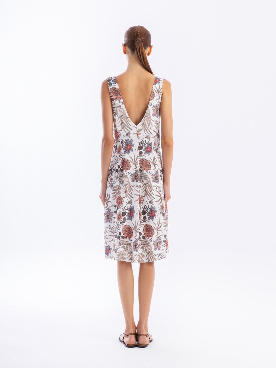 Sleeveless Printed Linen Blend Backless Dress
