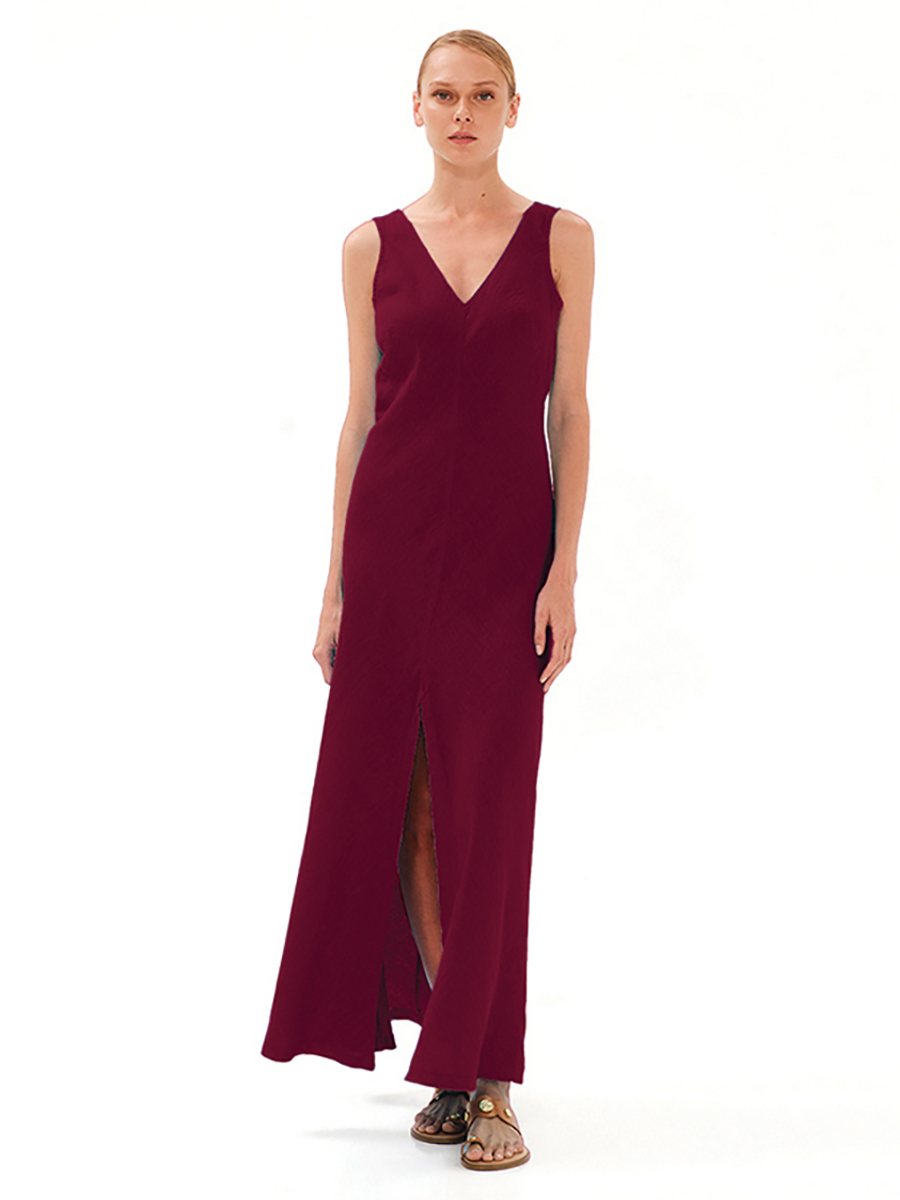 V Neck Maxi Linen Dress with Slit Hem