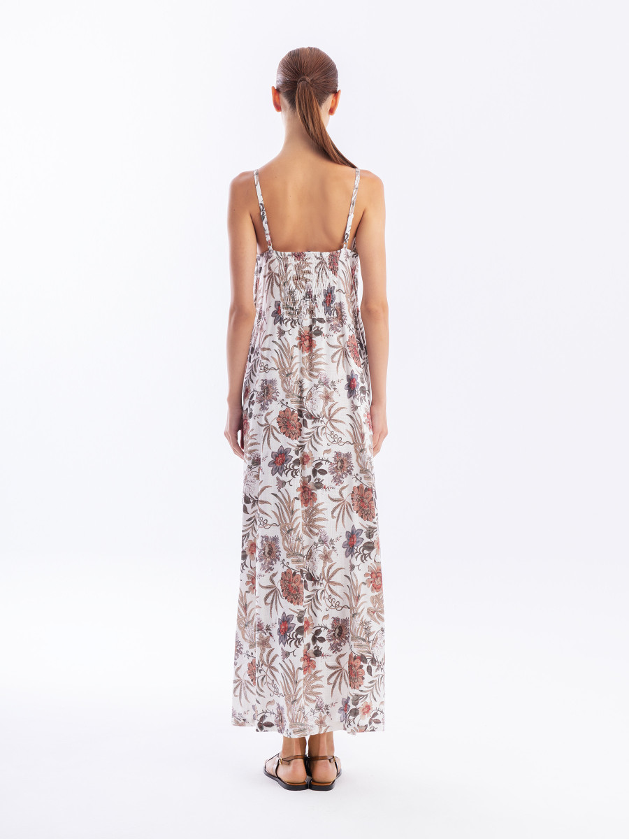 Printed Linen Blend Maxi Dress with Straps and Slits