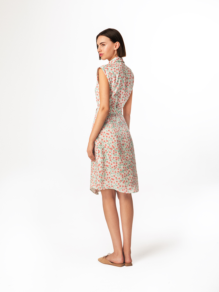 Sleeveless Printed Linen Shirt Dress with Belt