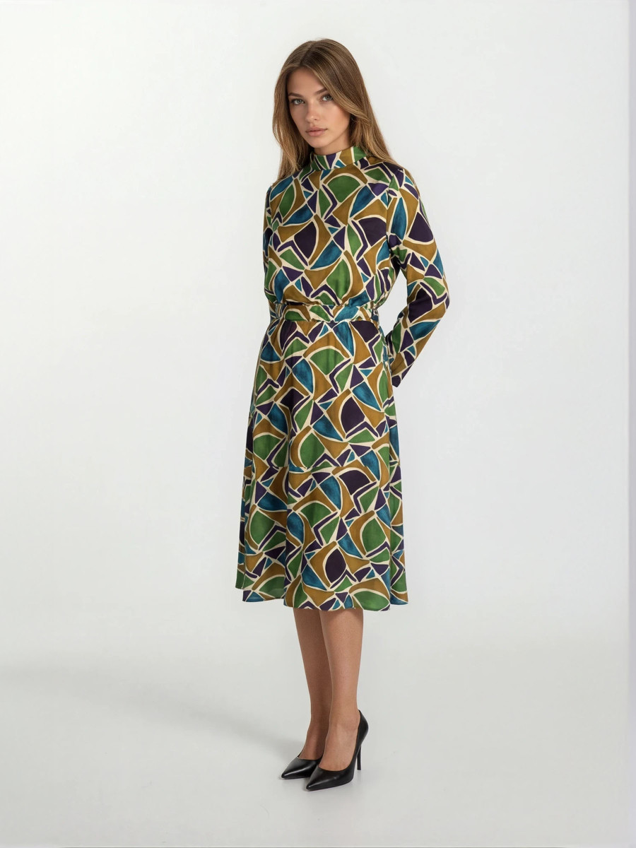 Printed Long-Sleeve Viscose Dress with Halterneck & Elastic Waist