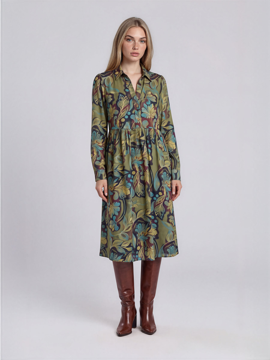 Μidi Printed Dress with V-neck and waist ruching