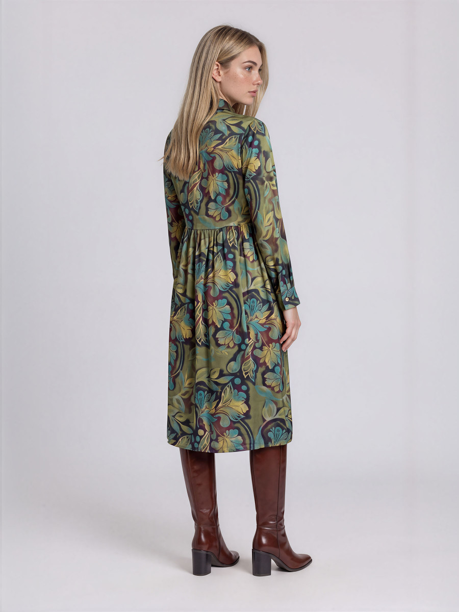 Μidi Printed Dress with V-neck and waist ruching