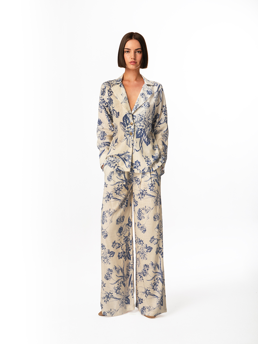 Printed Linen Blend Jacket with Buttons