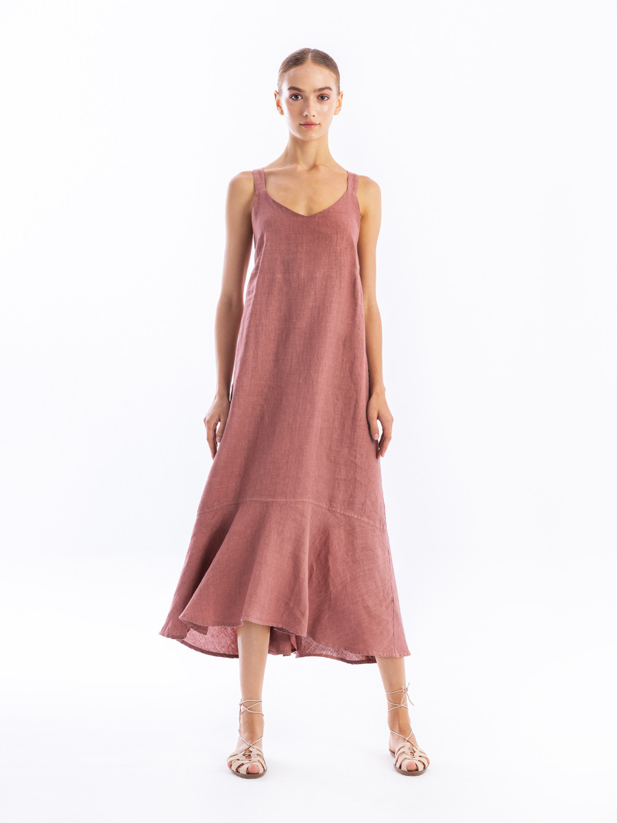 Strapped Midi Linen Dress with Back Elastic