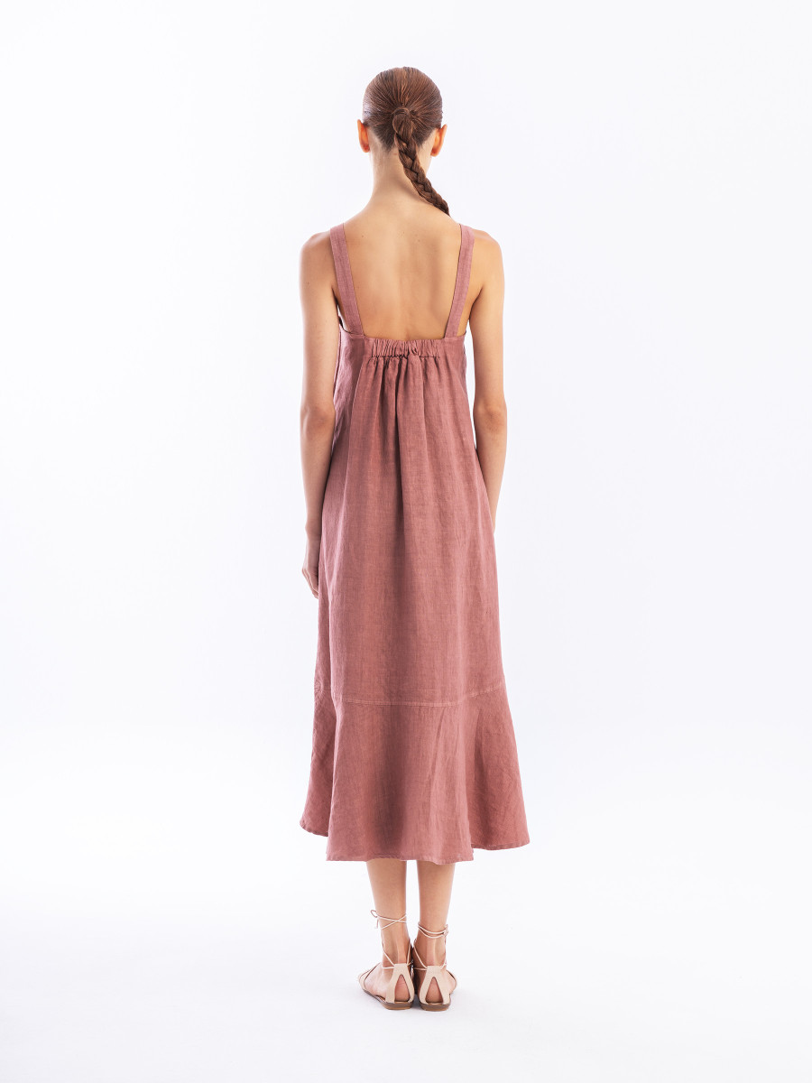 Strapped Midi Linen Dress with Back Elastic