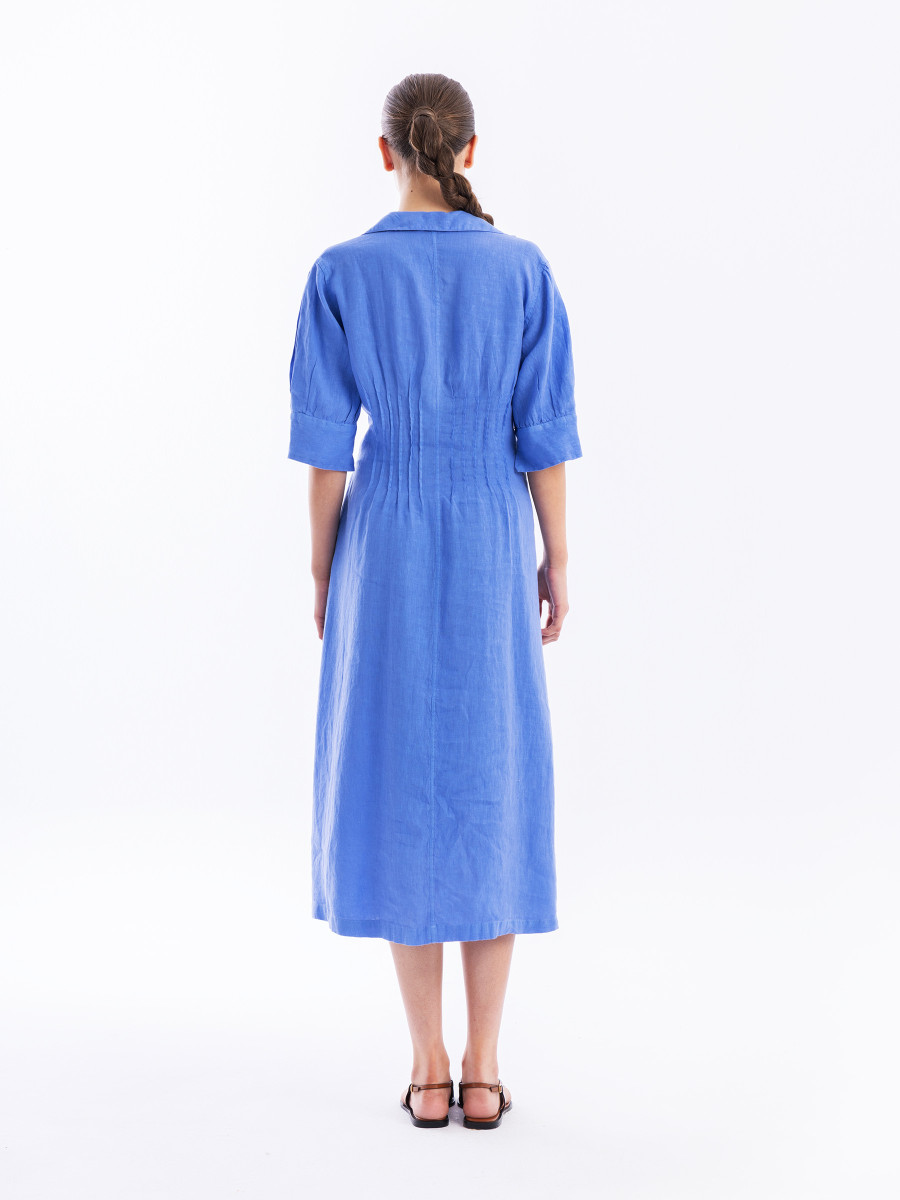 Linen 3/4 Sleeve Dress with Deep V Neck Line and Pintucks