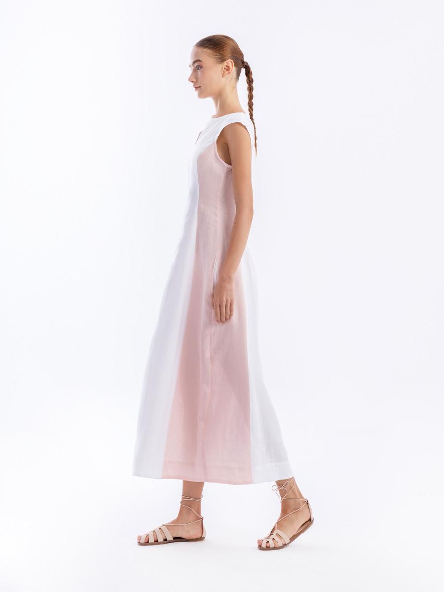 Two Colored Linen Maxi Dress with Cup Sleeves and Front Pleat