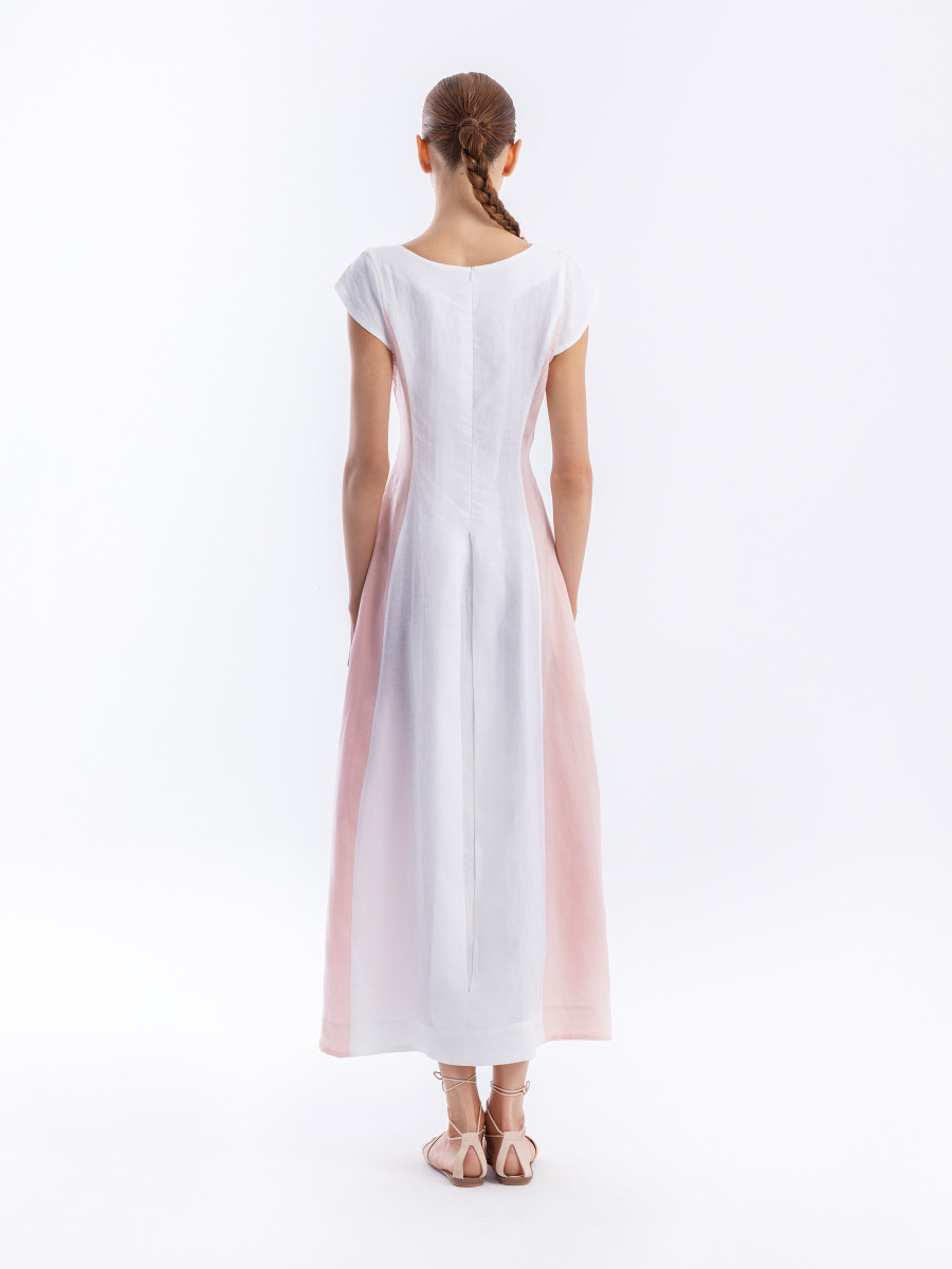 Two Colored Linen Maxi Dress with Cup Sleeves and Front Pleat