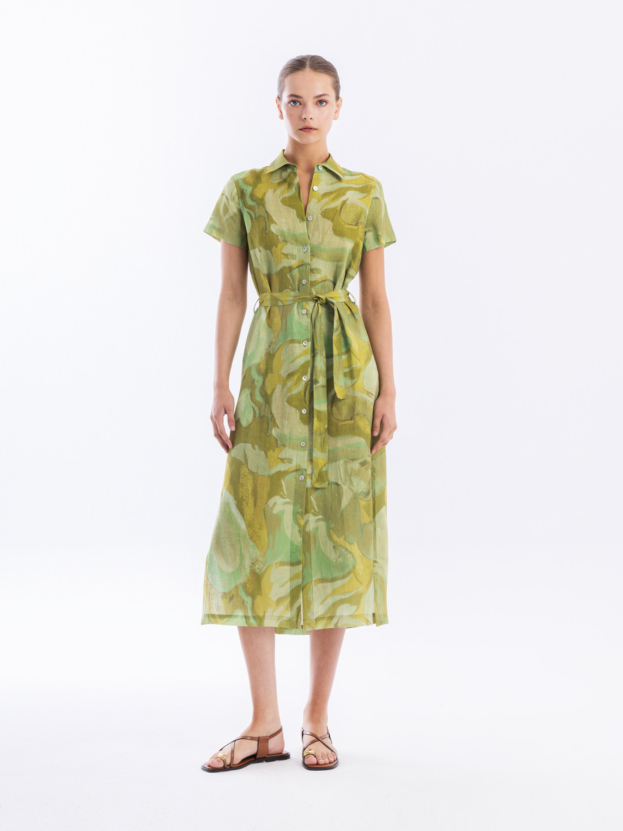 Short-Sleeved Printed Linen Shirtdress