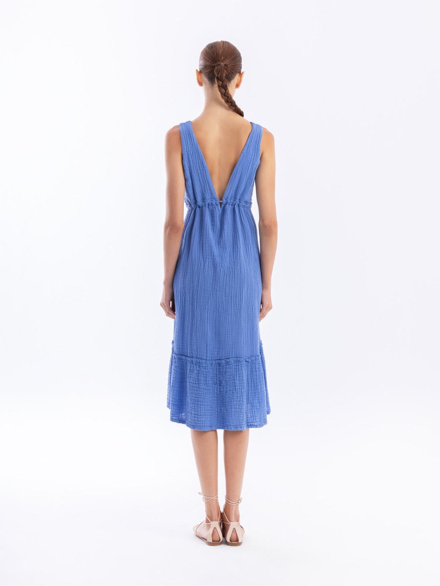 Sleeveles Dress in Textured Cotton with Deep V Neck