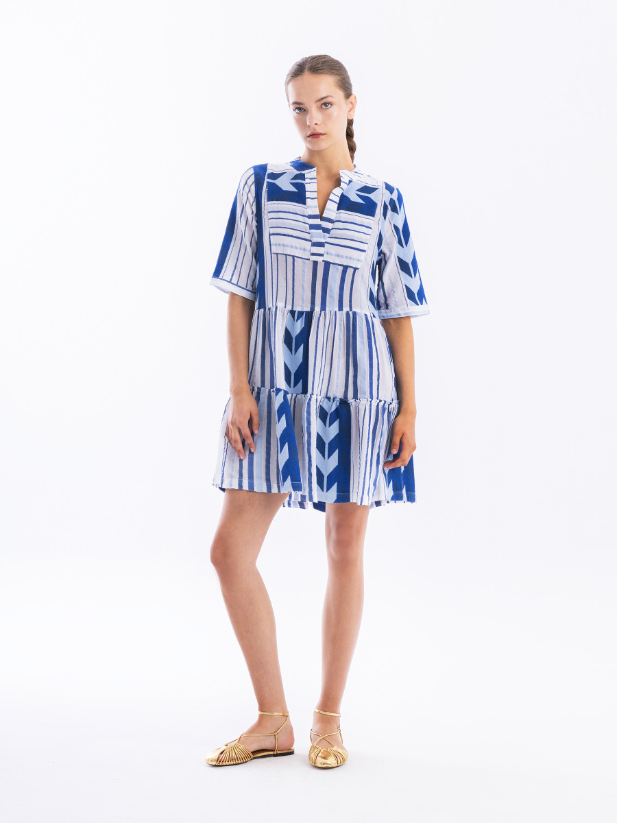 Button-Down A-Line Cotton Embroidered Dress