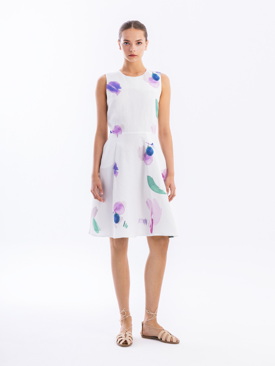 Sleeveles Midi Printed Linen Blend Dress with Pleats