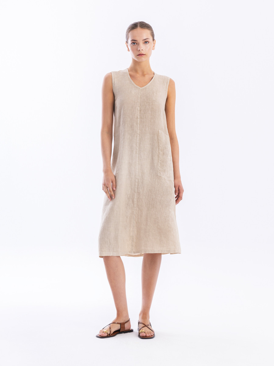 Sleeveless V Neck Linen Dress with Pockets
