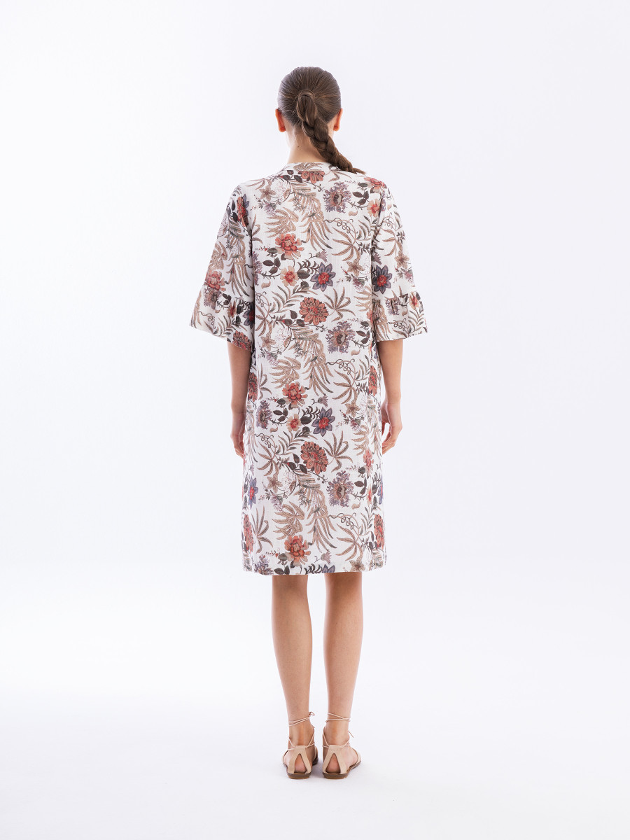 Printed Dress in Rayon Linen Blend with Pintucks and Ruffled Sleeves