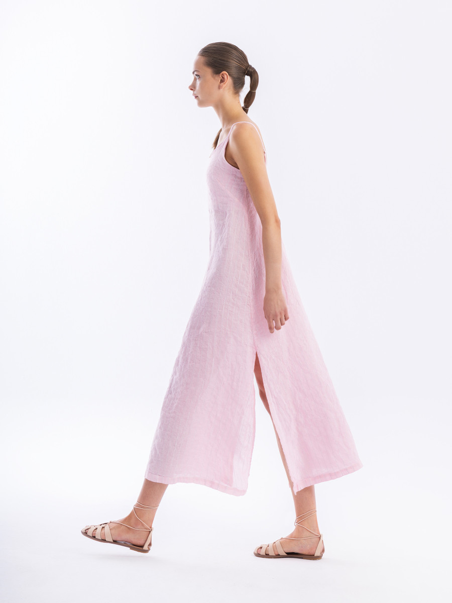 Maxi Striped Linen Dress with Straps and Slits