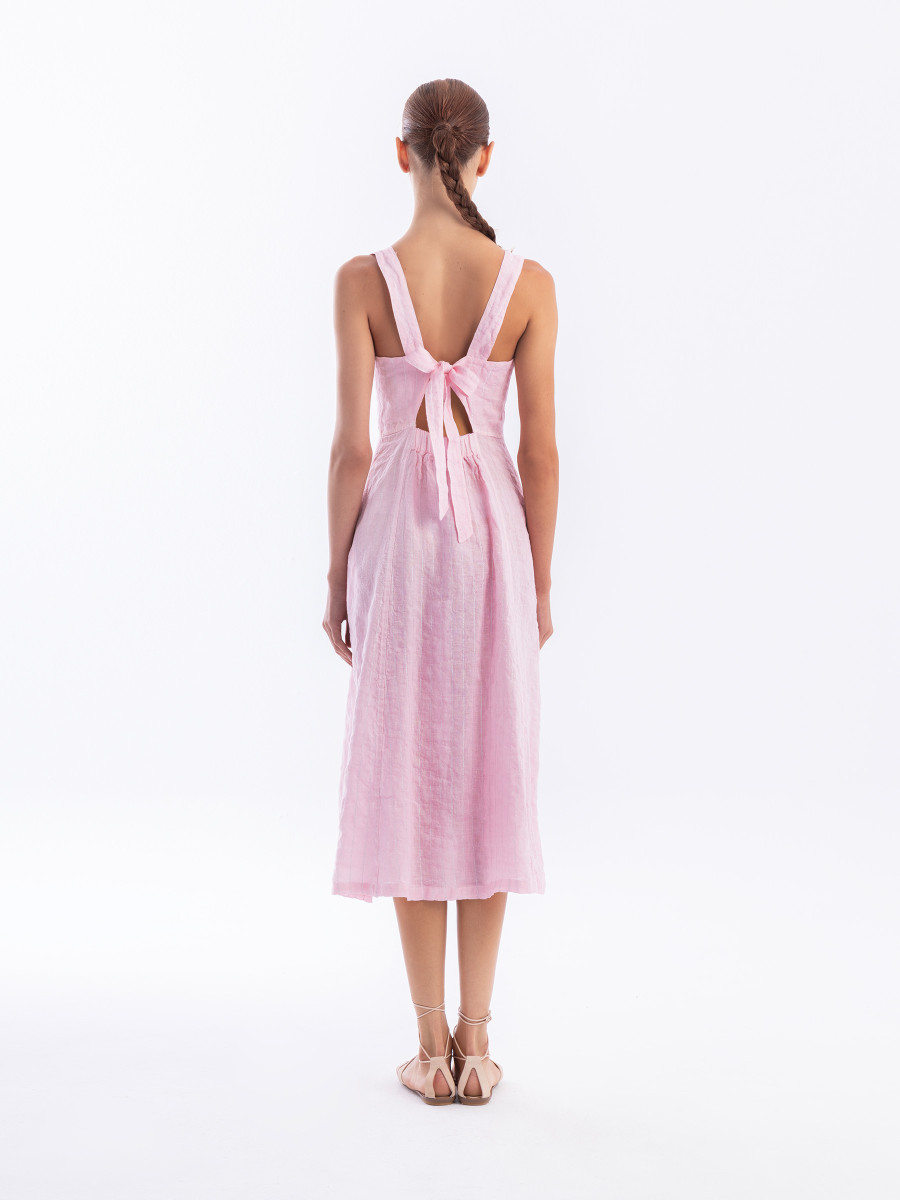 Square Neck Striped Linen Tie Back Dress with Front Slit