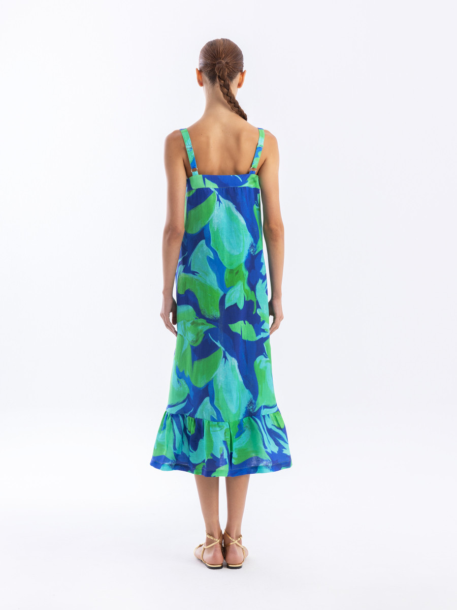 Printed Midi Linen Dress and Ruffled Hem