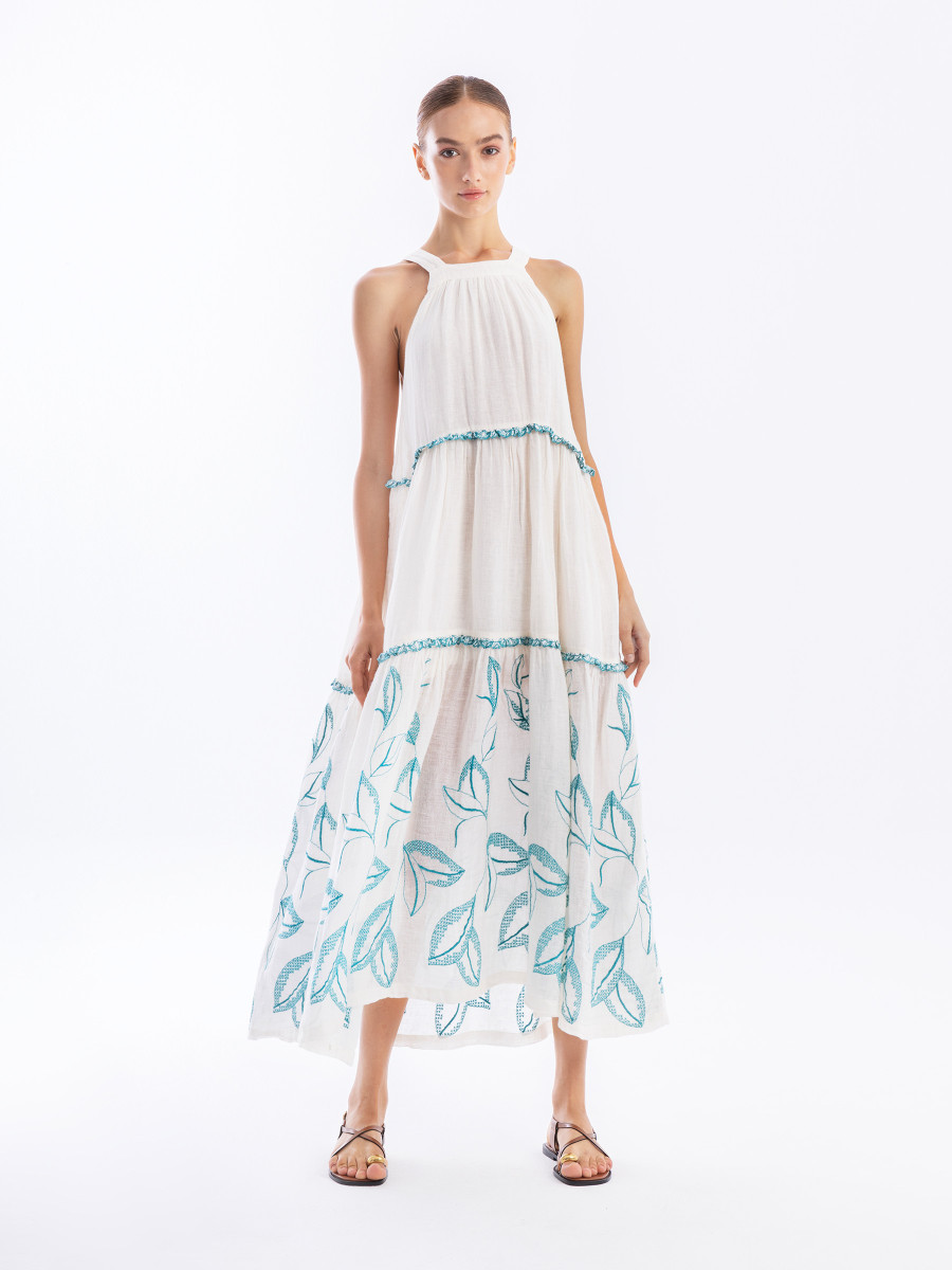 Embroidered Linen Gauze Strapped Maxi Dress