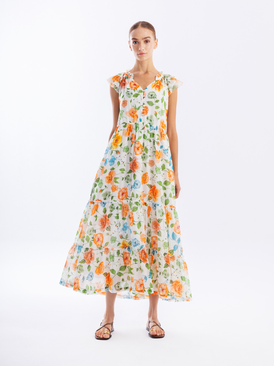 Maxi V Neck Printed Silk Blend Dress with Ruffled Sleeve Cups