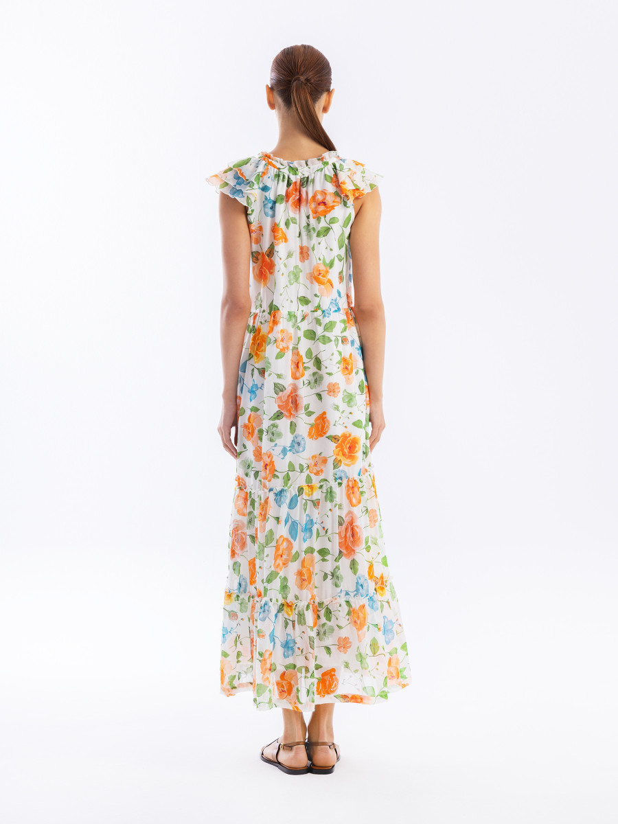 Maxi V Neck Printed Silk Blend Dress with Ruffled Sleeve Cups