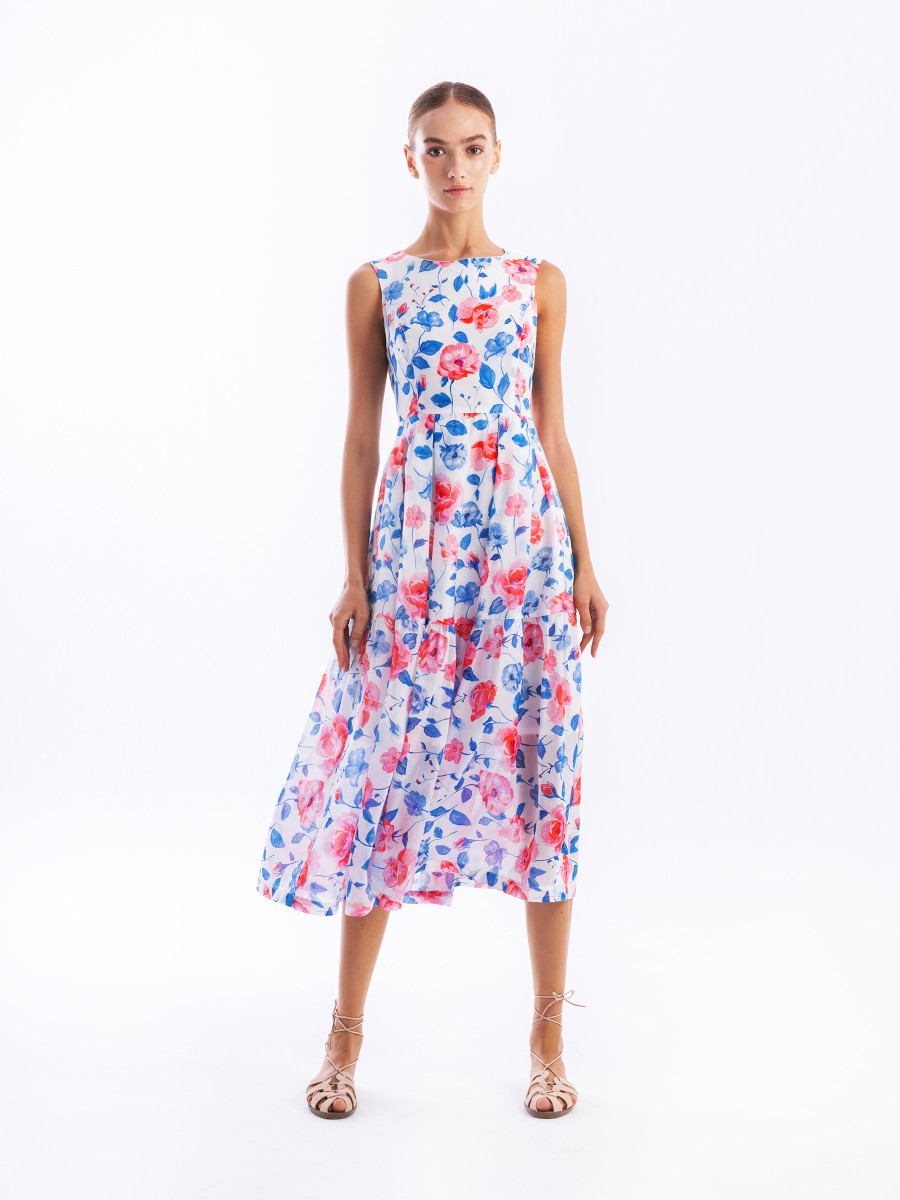 Printed Silk Blend Maxi Sleeveles Dress with Elastic Back Waist