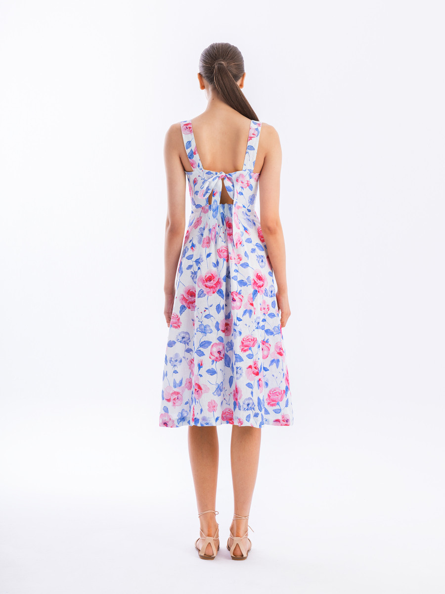 Square Neck Printed Linen Tie Back Dress with Front Slit