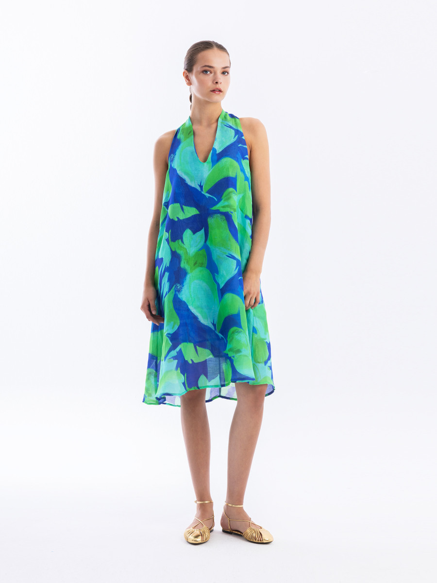Printed Linen Blend Dress with Cross Back Detail