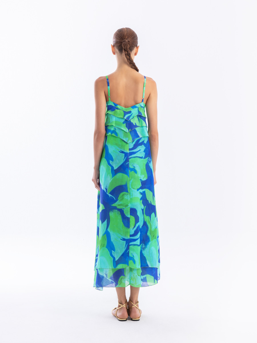 Printed Linen Blend Strapped Dress with Frills