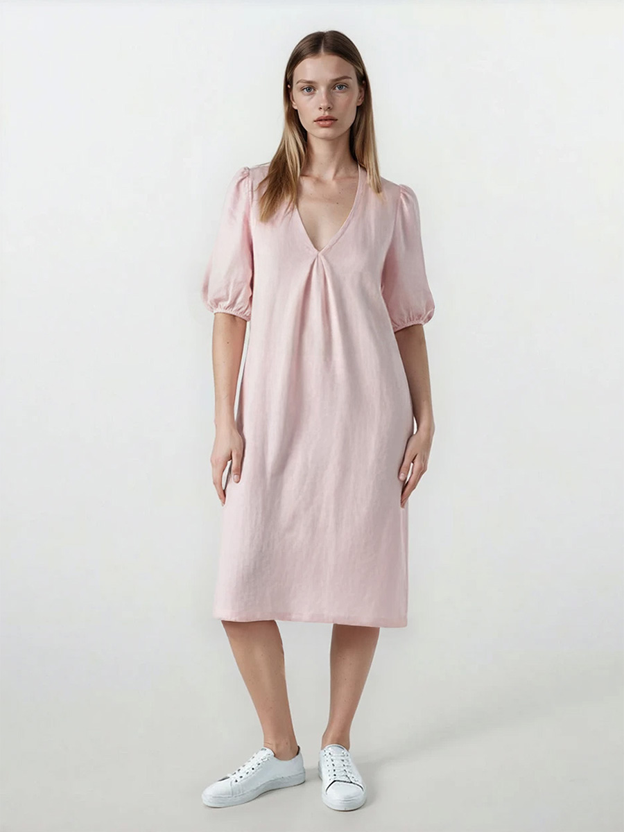 Linen Dress with 3/4 Puffy Sleeves and Front Pleat