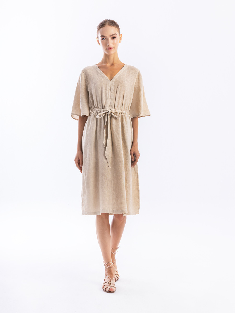 Linen Button Front Dress with Elastic Waist