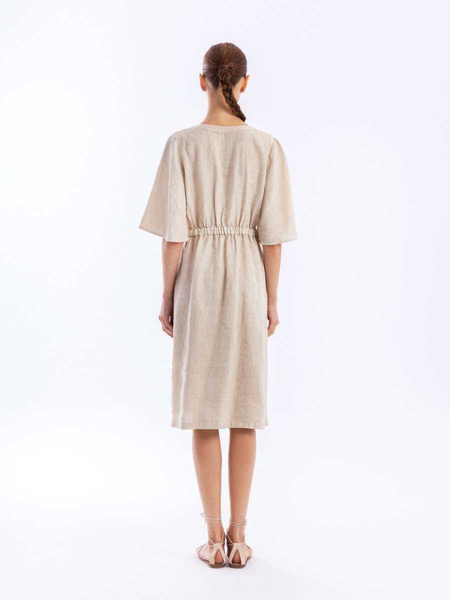 Linen Button Front Dress with Elastic Waist