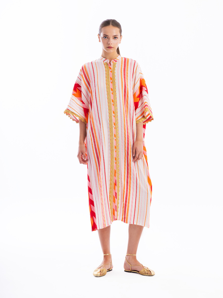 Lace Insert Button-Down Embroidered Cotton Kaftan