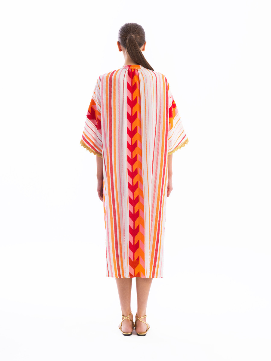 Lace Insert Button-Down Embroidered Cotton Kaftan