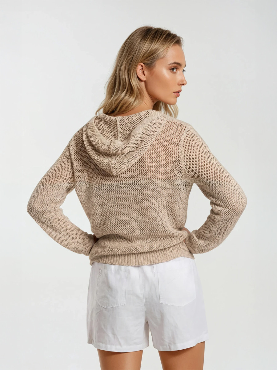 Open-Knit Cardigan with Hood and Lurex Thread