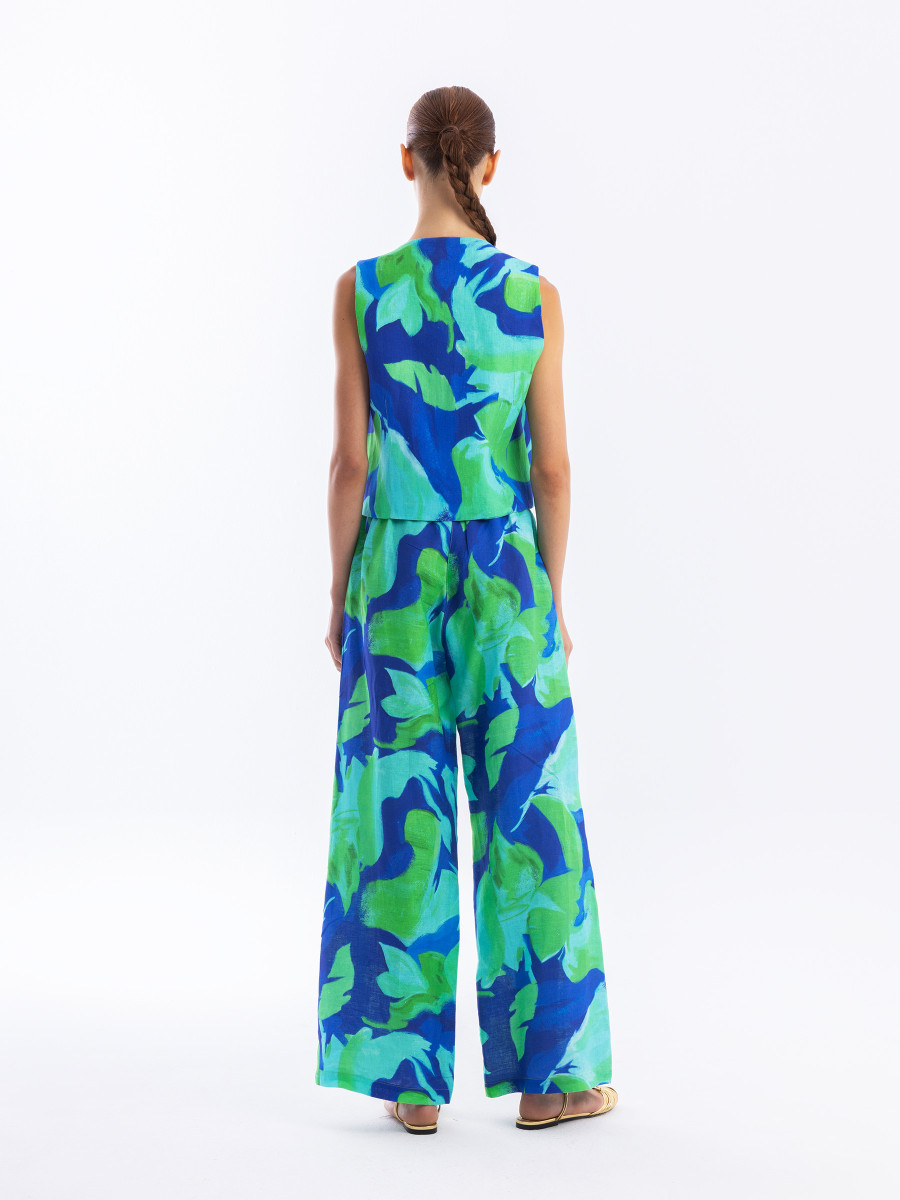 Relaxed Fit Printed Linen Pants with Elastic Waist