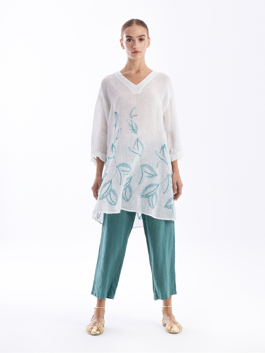 Long-Sleeved Embroidered Linen Gauze Tunic