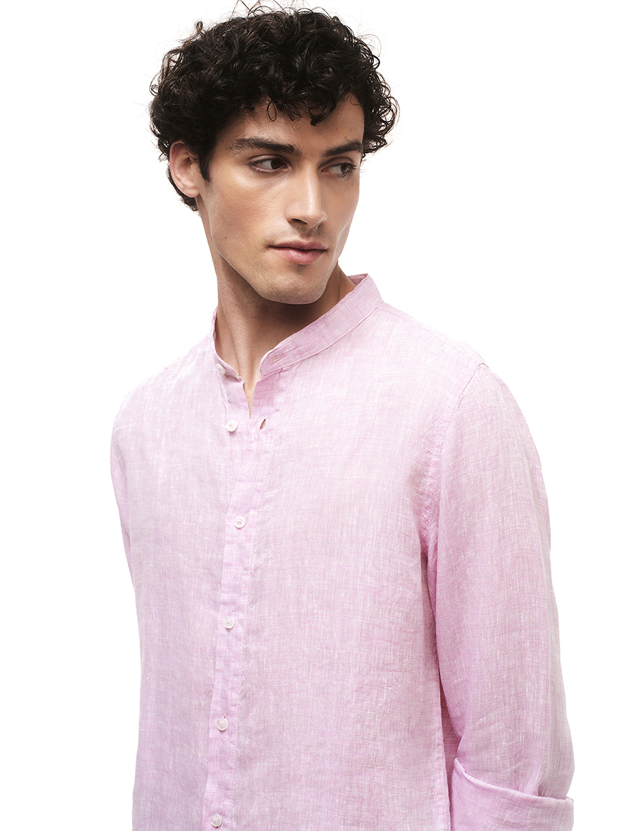 Slim Fit Mandarin Neck Linen Melange Shirt