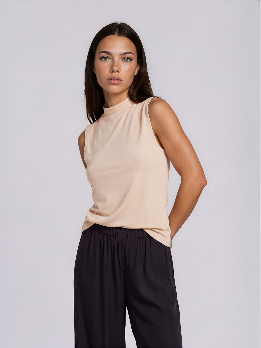 Sleeveless Top with high mock neck with ribbed texture